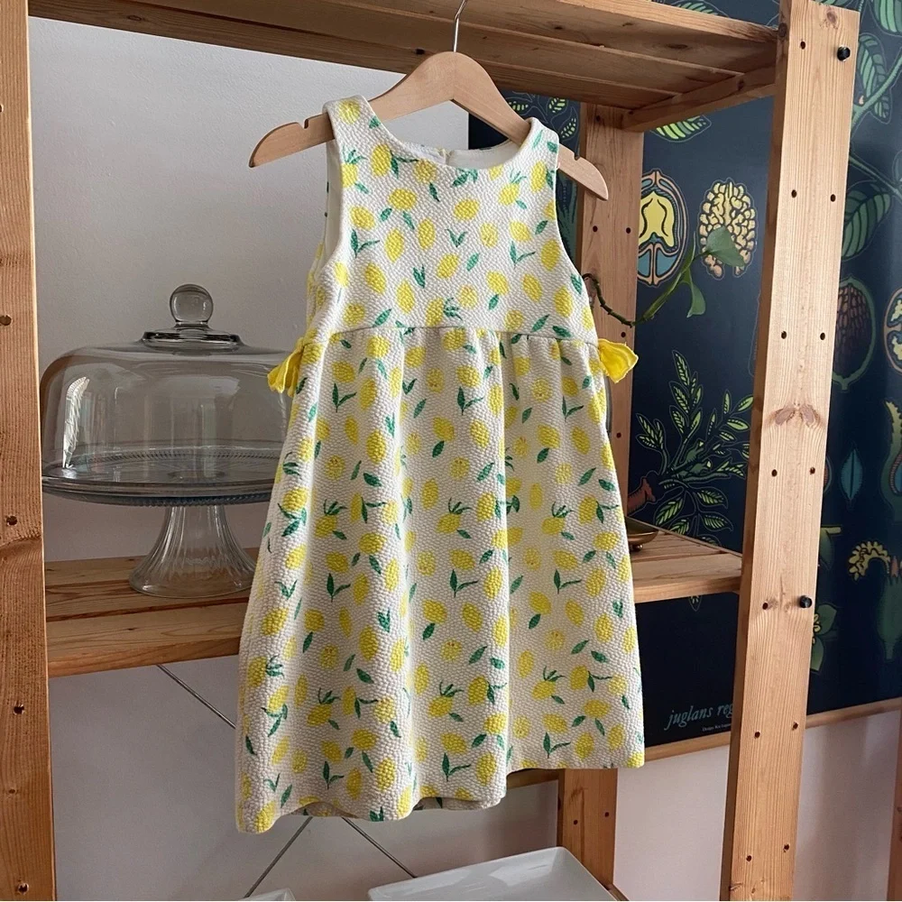 Zara Girls White Yellow Lemon Print Textured Sleeveless Dress 4t